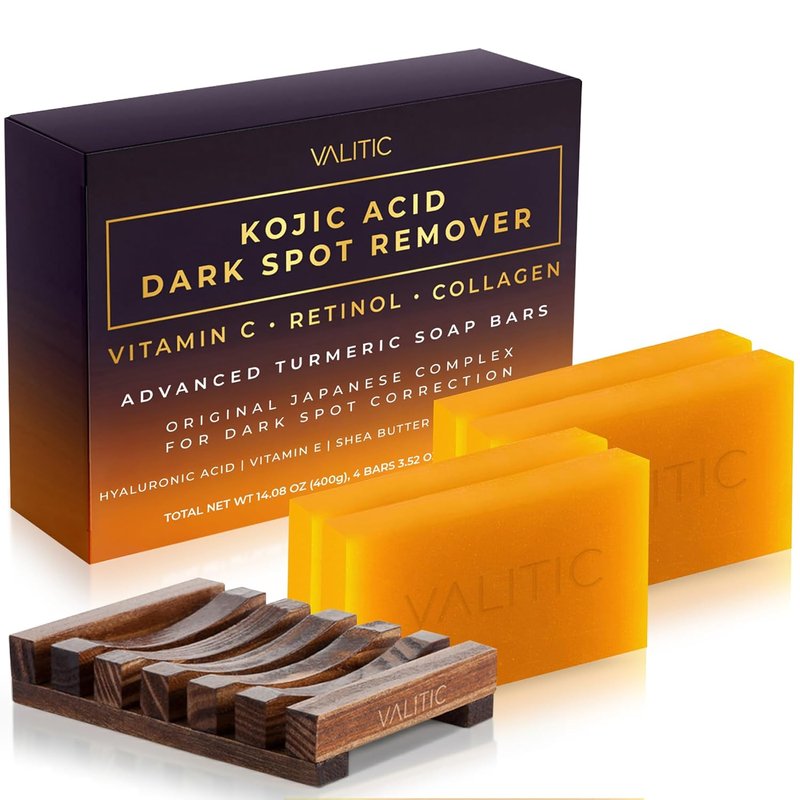 Kojic Acid Dark Spot Remover Soap Bar - Vitamin C, Retinol & Collagen | 4 Pack with Holder
