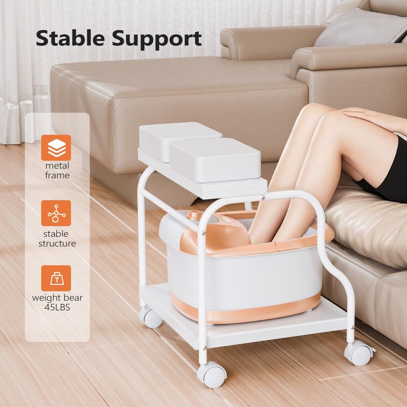 OmySalon Pedicure Cart Foot Bath Trolley, Portable Salon Nail Esthetician Rolling Cart, Adjustable Manicure & Foot Massage Stool w/PU Cushion, Locking Wheels, for Spa, Salon & Home (White)