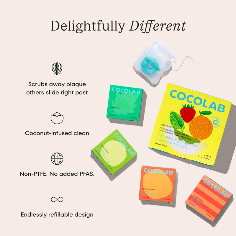Cocofloss Expanding Woven Dental Floss by Cocolab, Waxed Tooth Floss for Daily Oral Care, Coconut Oil Infused, Vegan, for Adults and Kids, Signature Set, 4 Pack