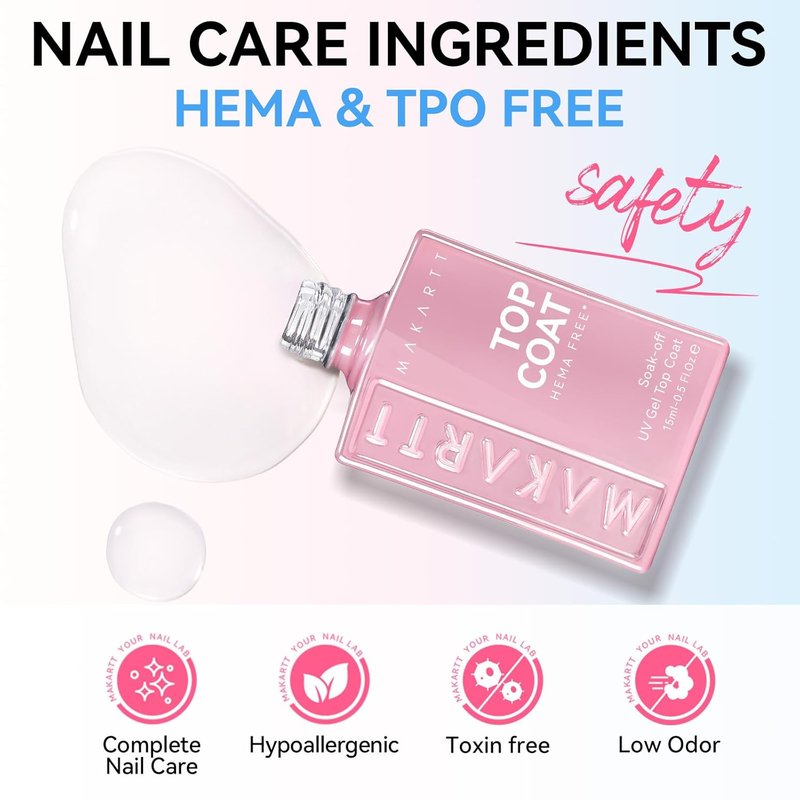 Makartt Gel Top Coat - Hema-Free No Wipe Clear Nail Polish | 15ml Long-Lasting High Gloss Finish for DIY Home Manicure