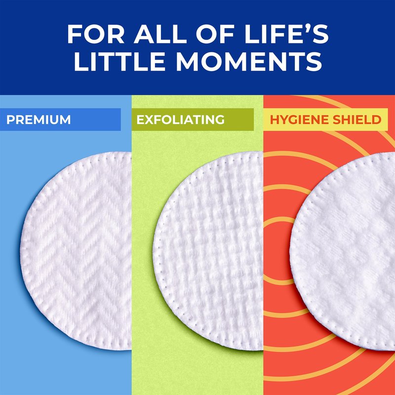 Q-tips Cotton Rounds Bundle (Exfoliating & Hygiene Shield), Soft Lint-Free Makeup Remover Pads, Skin Care and Beauty Use, 100% Cotton, 80 Ct Ea.