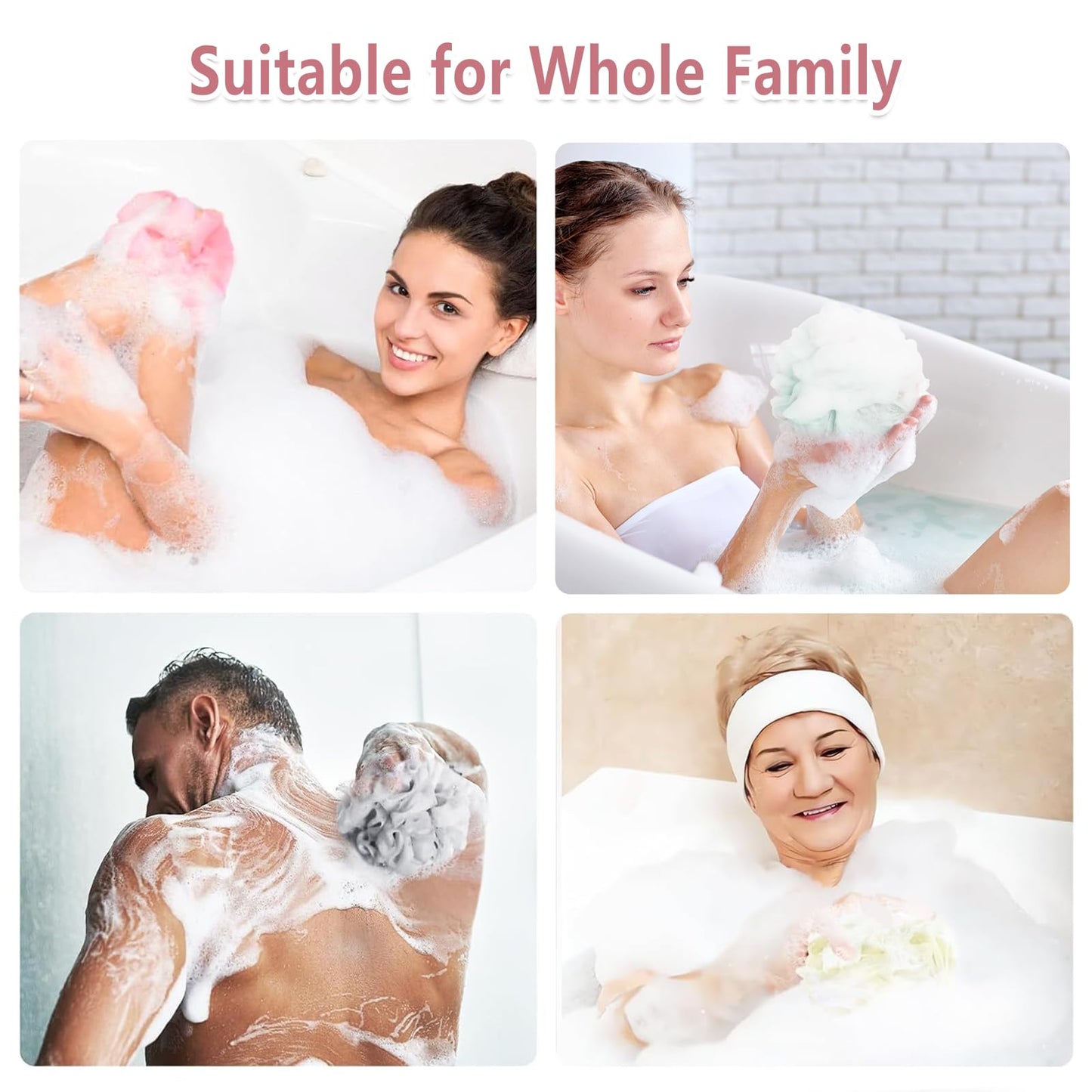 Rnoafmu Shower Loofah Bath Sponge, 60G Loofah Exfoliating Body Scrubber, 4 Color Mesh Shower Pouf Balls for Body Wash (Pink Green White Gray)