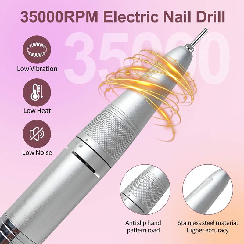 Electric Nail Drill - 35000RPM Cordless Pink Nail File for Acrylic & Gel Polish | Portable Rechargeable Manicure Kit