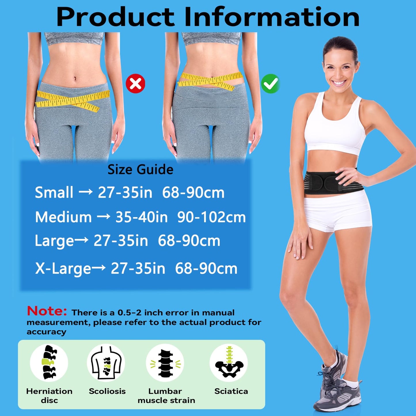 Umbilical Hernia Belt for Men and Women, Abdominal Binder Hernia Belt with 6 Stainless Steel Spring Support, Back Support with 2 Compression Tape, Adjustable Lumbar Support Brace Sciatica Pain Relief