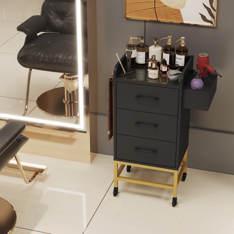 Kikihuose Salon Trolley Cart with Toughened Glass Top, 4 Wheels (2 Lockable) Rolling Barber Station w/Wheels, Drawers, Hair Dryer Holders, Towel Rack, Salon Storage Equipment for Hair Stylist, Black