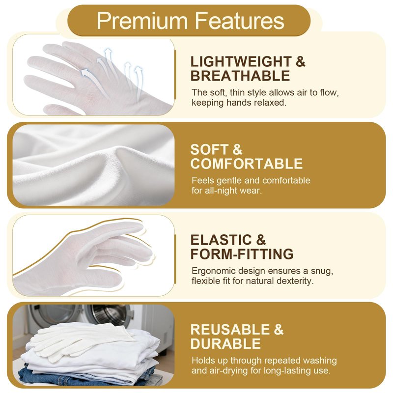 FOTKYXH 32PCS (16 Pairs) Thin White Gloves for Dry Hands Sleeping, Breathable White Glove with Elastic Cuff for Overnight Treatment, Eczema, Spa, Work, Inspection (One Size Fits Most)