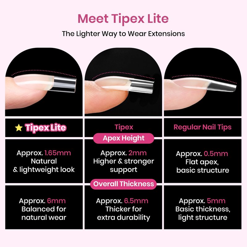 Beetles Tipex Lite Instant Apex Nail Tips, Medium Coffin, 16 Sizes | 00–14, Built-in Apex Acrylic Tips for Flat & Natural Nail Beds, Beginner-Friendly Easy DIY Nail Extensions