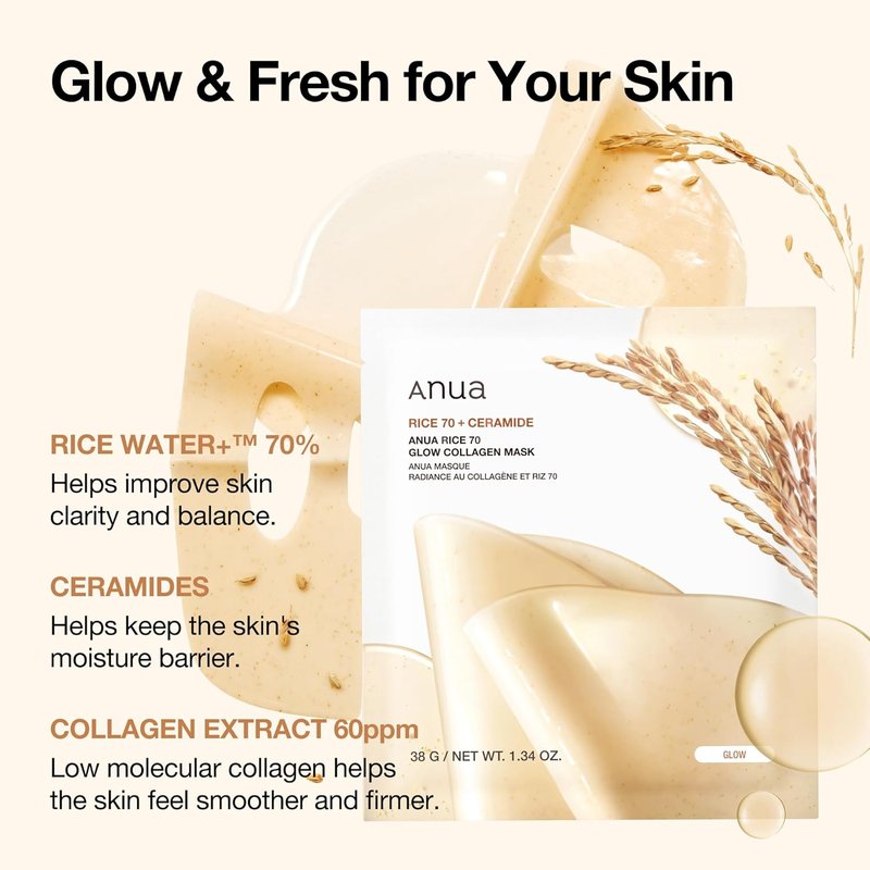 ANUA Rice 70 Glow Collagen Mask, Overnight Face Mask for Glass Skin, Ceramide, Collagen Facial Mask, Skin Moisture Barrier, Tightening Care, Natural Color, Korean Skincare, 1.34 oz/4ea