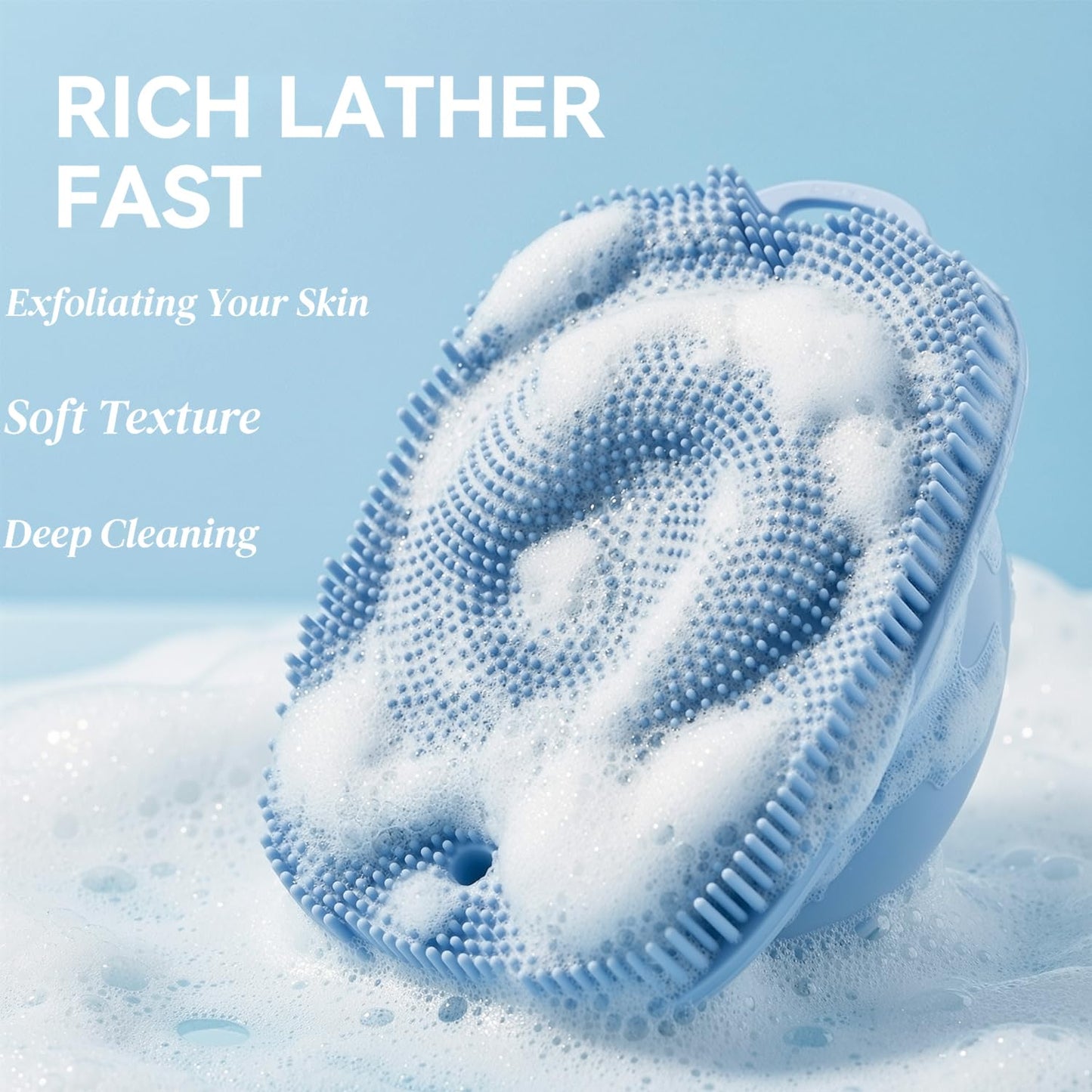 ARIOSOX, Soft Silicone Body Scrubber, Face Scrubber Silicone, Gentle Texture Exfoliating Body Scrubber for Men and Women On Sensitive Skin, Back Large Suction Cup for Easy Dry and Store (Blue)
