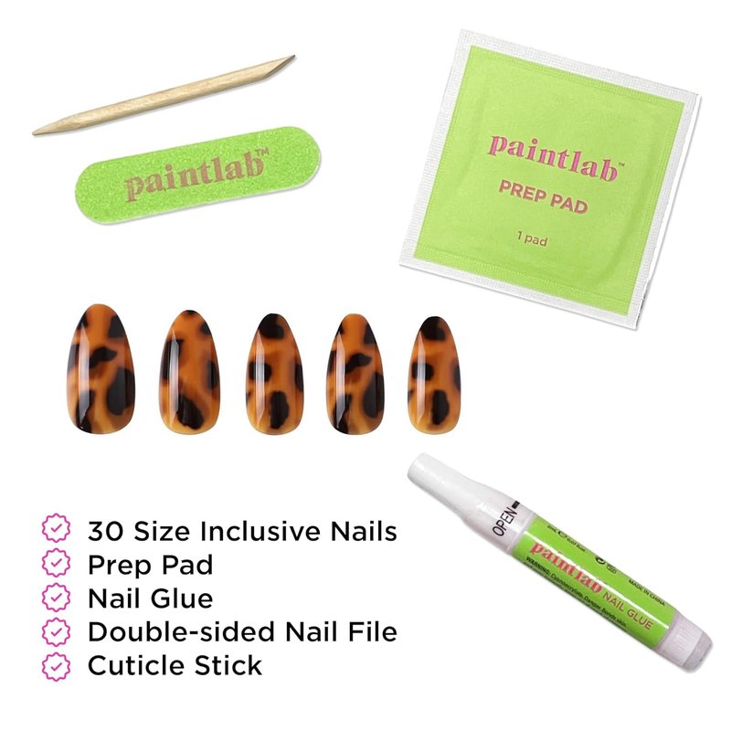 PaintLab Tortoise Shell Press On Nails - Medium Almond Tortie Brown | 30 Reusable Nails in 15 Sizes with Glue