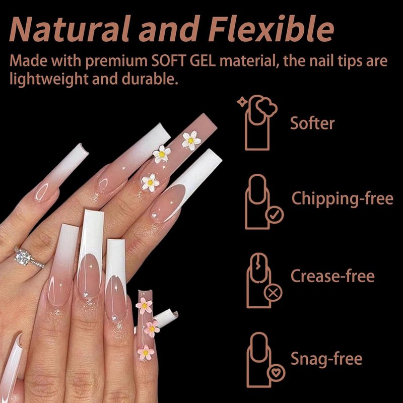 Long Square Nail Tips, 240Pcs Full Cover Soft Gel Nail Tips Pre-Etched 3XL Square Clear Acrylic False Nail Fake Nail Extension Press On for Salon Home DIY 12 Sizes