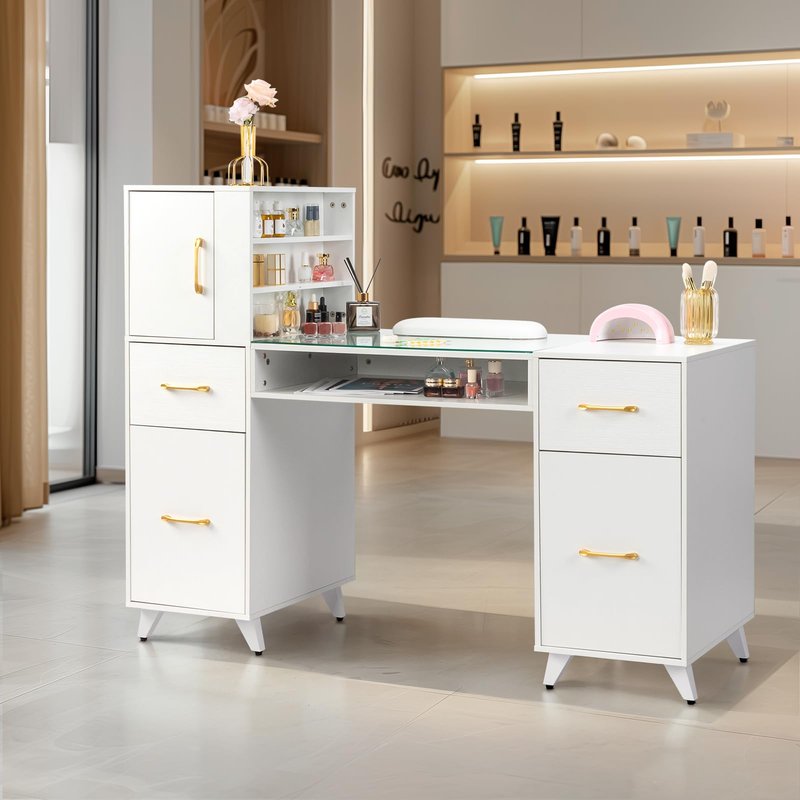 JLBVI Manicure Table, Nail Makeup Desk with Glass Top, Wrist Rest, Beauty Salon Workstation for Spa Beauty Salon w/ 3 Side Cabinets+2 Removable Shelves+2 Drawers+3 Layers Open Cabinet+1 Open Drawer