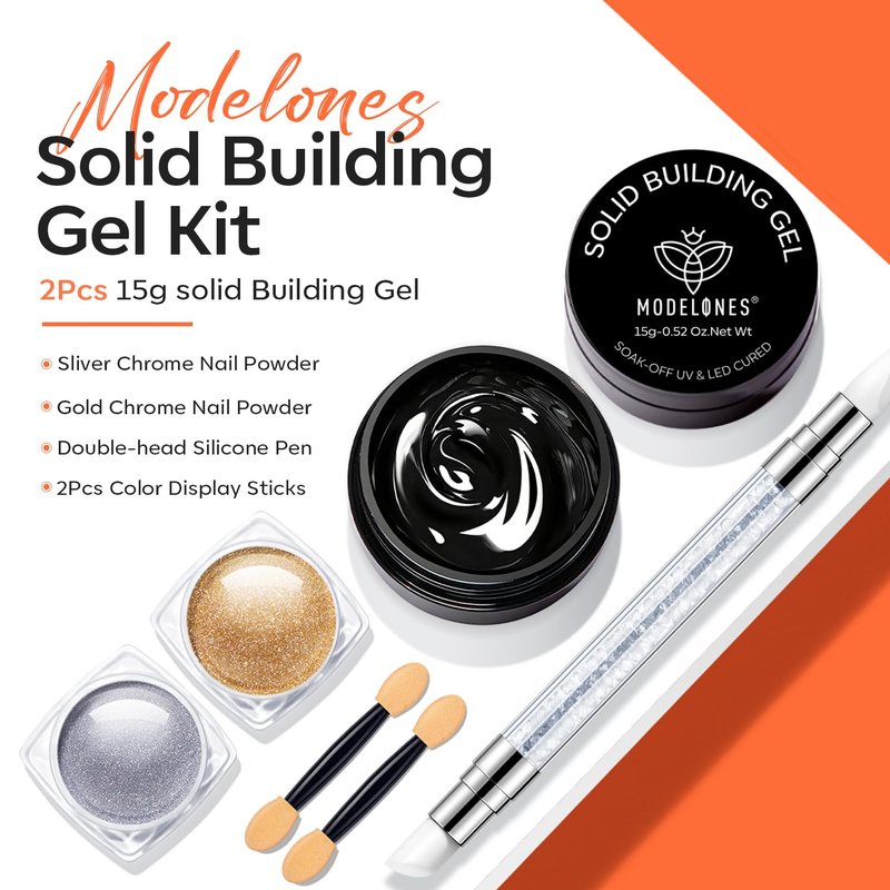 modelones 3D Gel Nail Art Kit, Non-Sticky Solid Builder Sculpting Gel for Nail Art Molding & Extensions with Chrome powder for Beginner DIY or Salon Spring Nails at Home Cured Needed