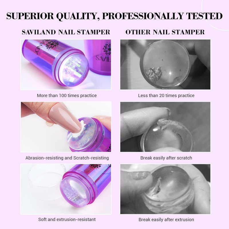 Saviland French Tip Nail Stamp: 5PCS Purple Radium Jelly Stamper Nail Art Stamper Kit, Long & Short Clear Silicone Nail Stamping with Scrapers Nail Stamp for French Manicure