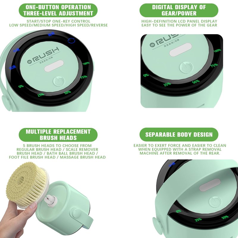 Electric Body Brush Back Scrubber, Waterproof Long-Handle 5-Head Electric Body Scrubber, Rechargeable Bath Brush and 3 Types of Speed Body scrubbe，for Cleaning Massaging and exfoliating (Green)