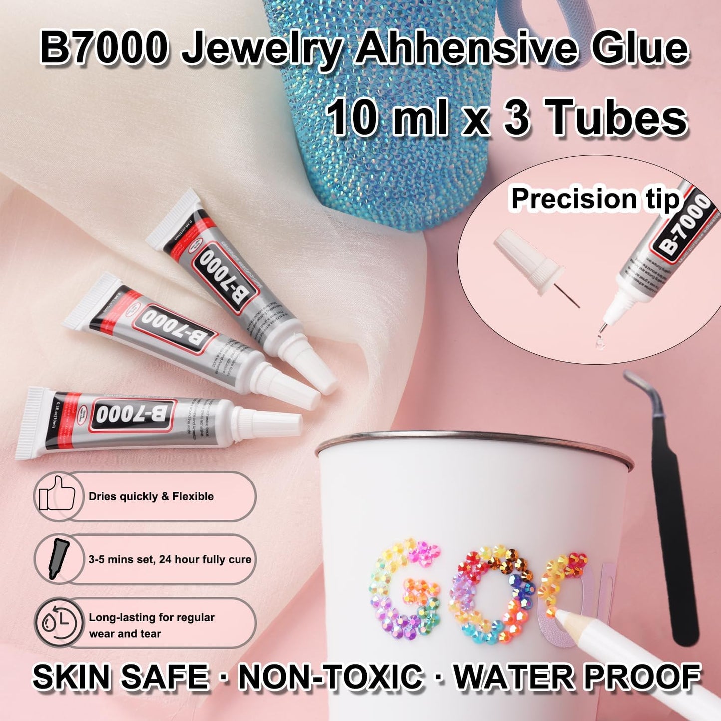 Skiennix Rhinestones Bedazzling Kit - Multicolor 4mm & Silver Clear Flatback Gems with 3Pcs B7000 Glue for DIY Crafts