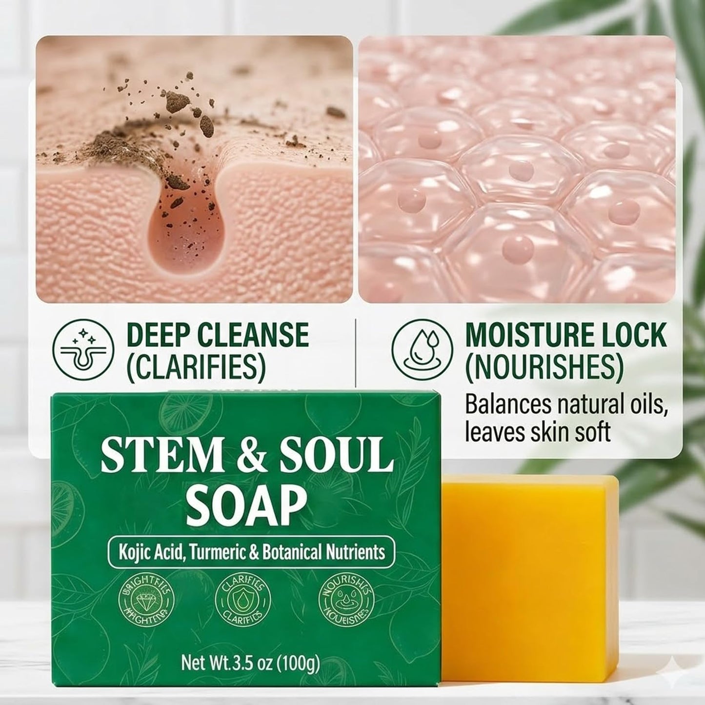Stem and Soul Soap, Upgraded Stem & Soul Turmeric Lemon Soap Bar For Dark Spots, Support Nourishes And Clarifies Help Cleaning Facial And Body Skin, And Suitable Dry And Oily Skin. (1 Pcs)
