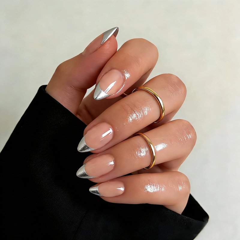 KXAMELIE French Tip Press on Nails Short Almond - Chrome Silver French Tip Nails with Glue & Tabs, Opaque Natural Nude Fake Nails in 12 Sizes - 24 Soft Gel Glue on Nail Kit for Women Manicure Gift