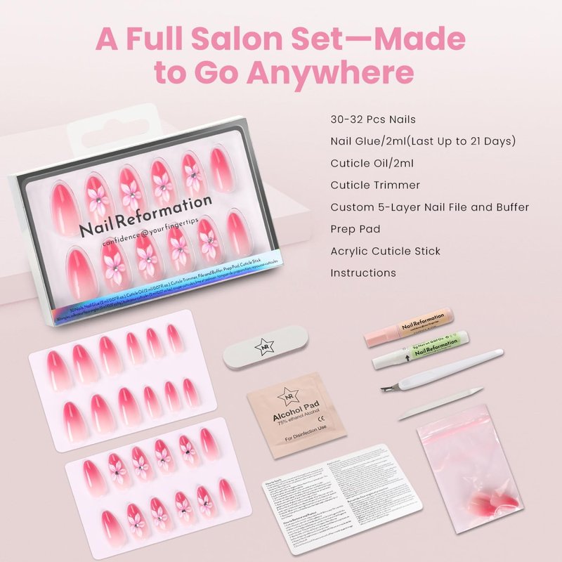 Nail Reformation Press On Nails, Tropical Orchid | Pink to Magenta Ombré Medium Almond Fake Nails with 3D Accents, Glossy Reusable Stick On Nails Kit - 30 Pcs in 15 Sizes with Glue, Gifts for Women