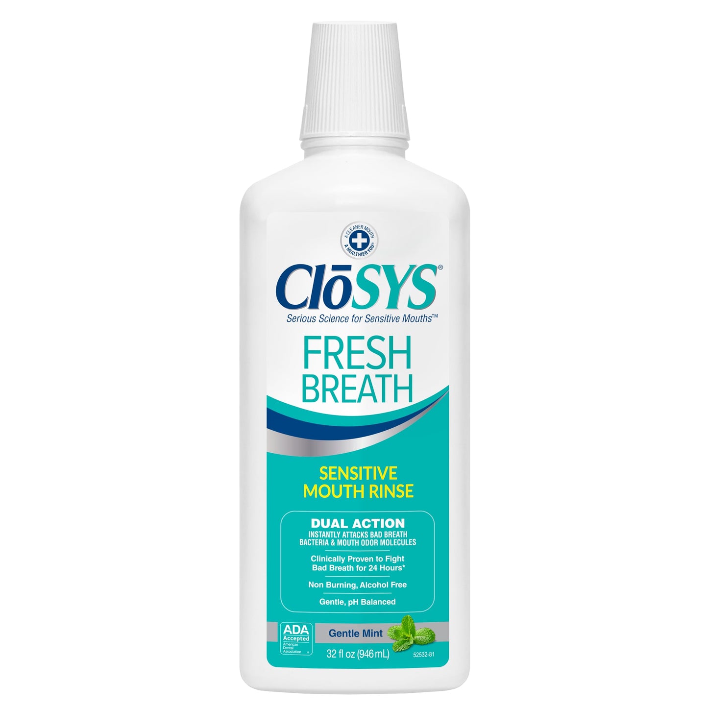 CloSYS Mouthwash, 32 Ounce, Fresh Breath Mouthwash, Gentle Mint, Alcohol Free, Dye Free, pH Balanced Mouth Wash, Helps Soothe Entire Mouth, Fights Bad Breath