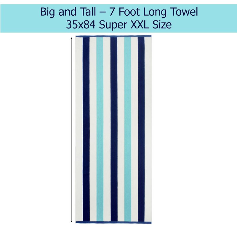 COTTON CRAFT Oversized XXL Beach Towel - 7 Foot Extra Large Big & Tall Huge Beach Blanket Towel - 100% Cotton Jacquard Velour - Plush Super Soft Luxury Pool Bath Yoga Towel -35x84- Cabana Stripe Blue