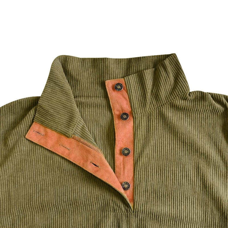 awodent Men's Corduroy Sweatshirt with Elbow Patches Lightweight Button Up Stand Collar Pullover Tops Fall Winter Trendy Long Sleeve Sweatshirts Jacket Army Green 4XL