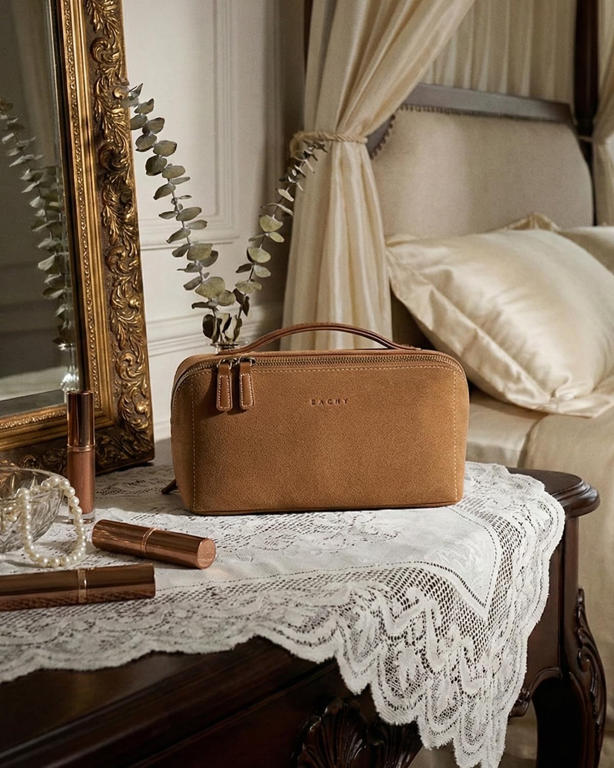 Travel Makeup Bag - Large Capacity Waterproof PU Leather Cosmetic Organizer | Flat Open Toiletry Bag for Skincare & Brushes