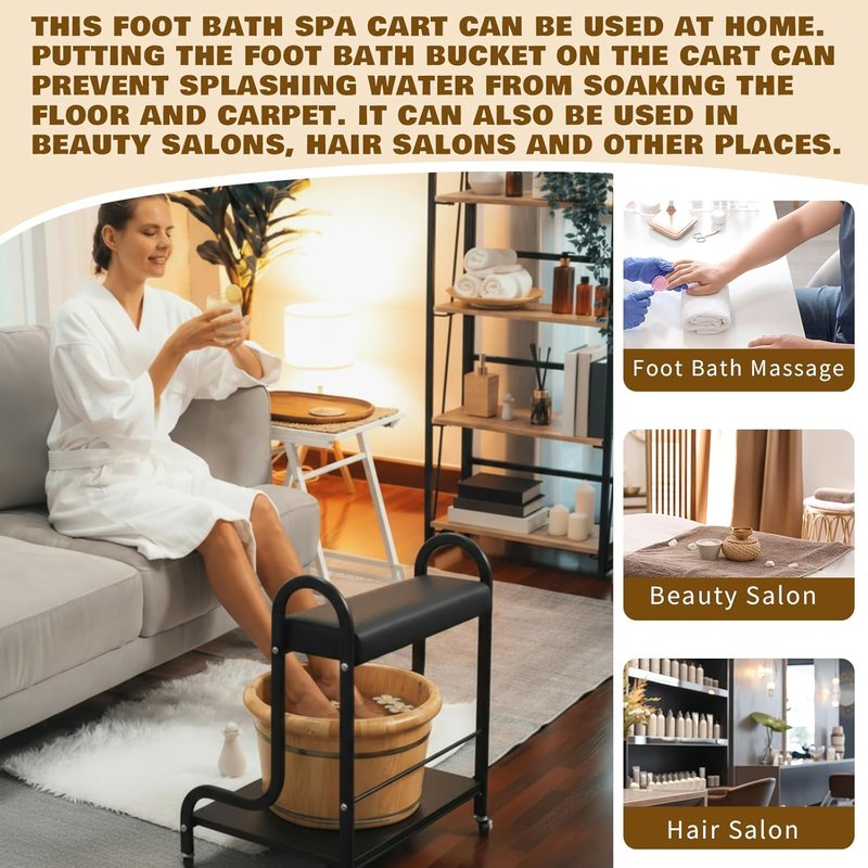 Geelin Pedicure Cart - Portable Foot Bath Trolley with Cushion for Spa & Massage - Black