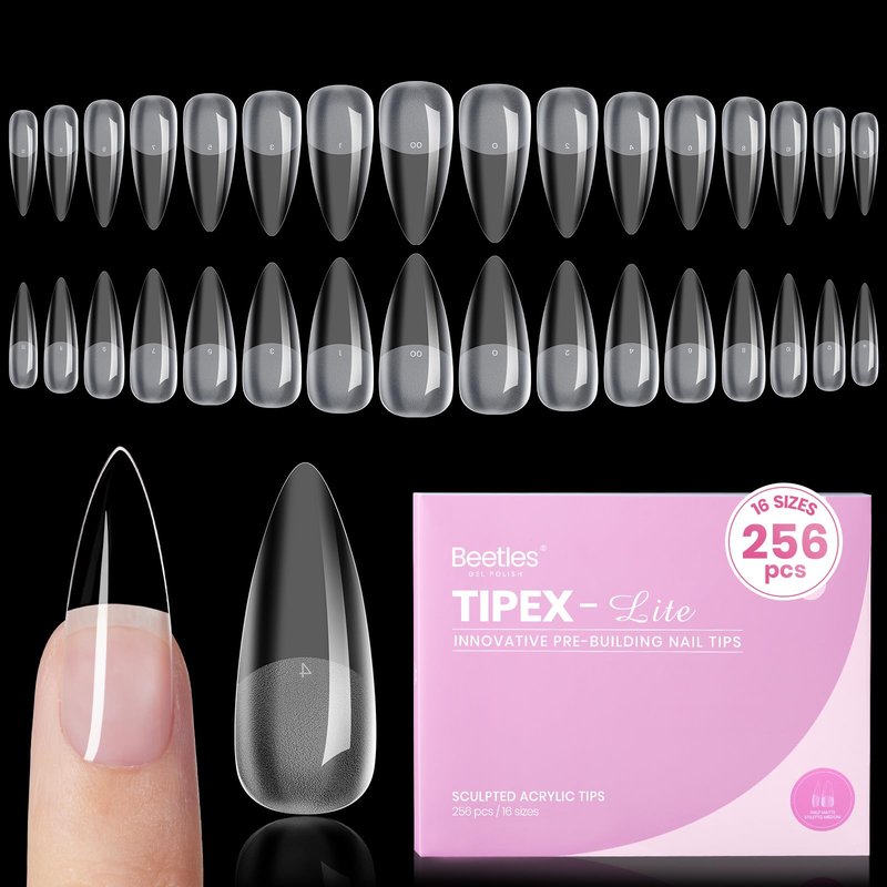 Beetles Tipex Lite Pre-Built Apex Gel Nail Tips, Stiletto Medium, 256pcs Value Pack, 16 Sizes, Flat-Nail Friendly Acrylic Tips for Natural Nail Beds, Easy for Beginner DIY