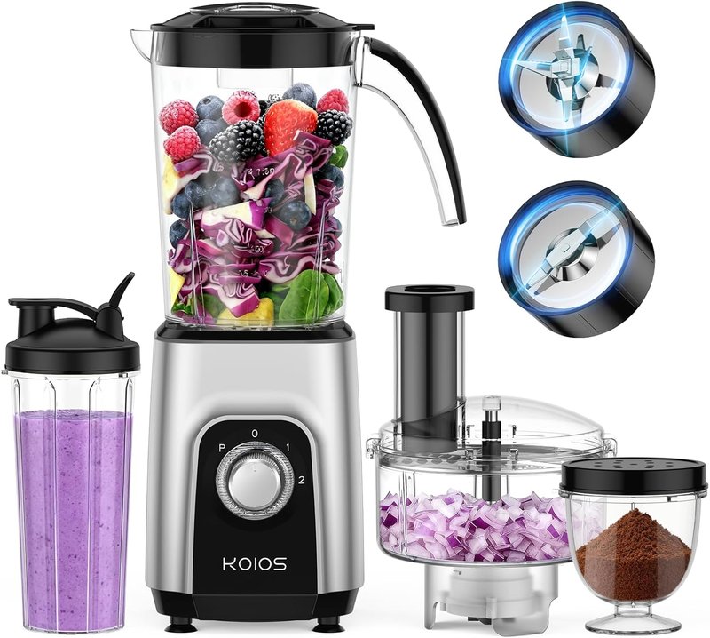 KOIOS Blender & Food Processor Combo - 1000W 4-in-1 Kitchen System | 34oz Pitcher, 22oz Cup, Meat Grinder, BPA Free