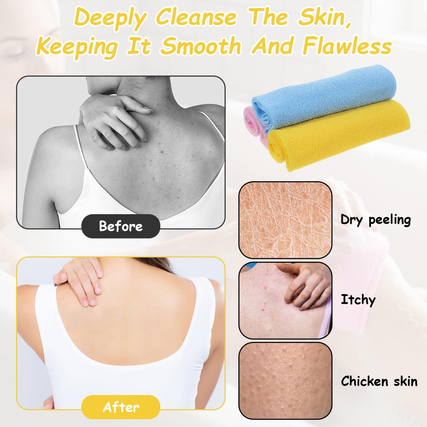 Body Wash Towel, 3 Pcs Double-Sided Back Exfoliator Body Scrub Towel, Nylon Back Scrubber with Handles, Stretchable BackWasher for Shower for Women Men(Blue, Pink, Yellow)