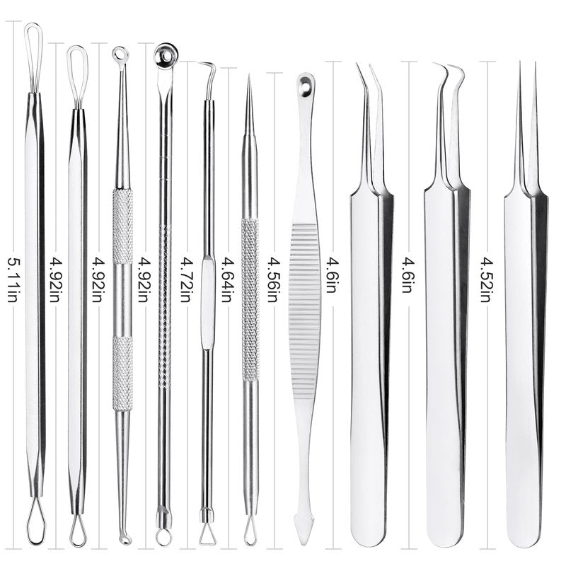 Pimple Popper Tool Kit,10 Pcs Professional Blackhead Remover Comedones Extractor for Easy Removal for Pimples,Blackheads,Zit Removing, Facial and Nose, Acne Removal Kit with Metal Box (Silver)