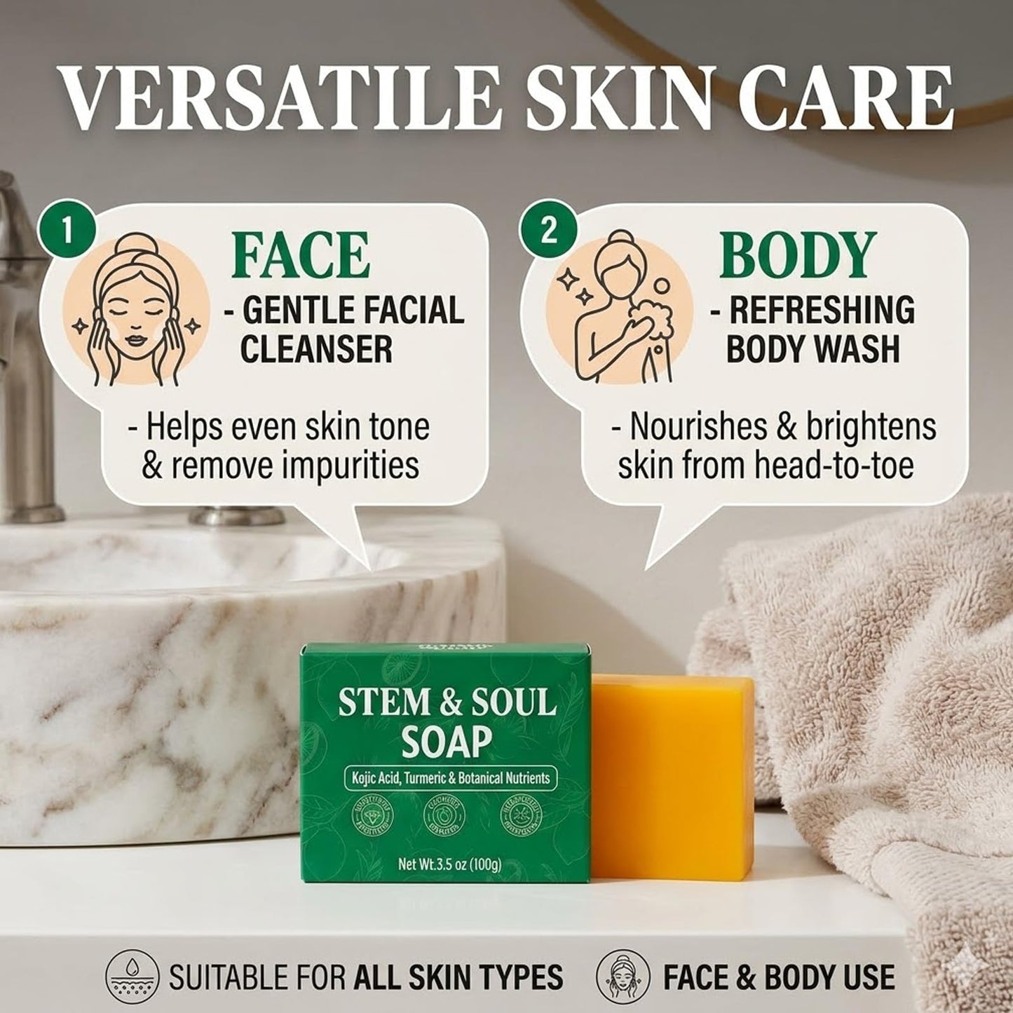 Stem and Soul Soap, Upgraded Stem & Soul Turmeric Lemon Soap Bar For Dark Spots, Support Nourishes And Clarifies Help Cleaning Facial And Body Skin, And Suitable Dry And Oily Skin. (1 Pcs)