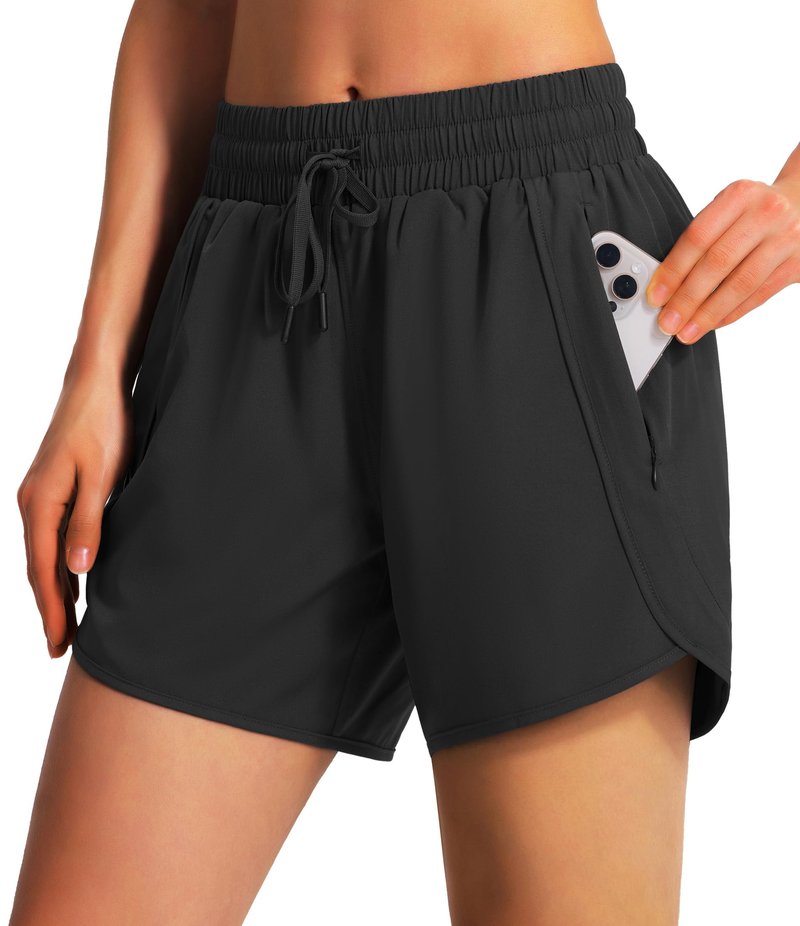 Ksmien Women's 5"/ 7" Athletic Running Shorts Quick Dry Lightweight Workout Gym Shorts with Zipper Pockets UPF 50+ Black L