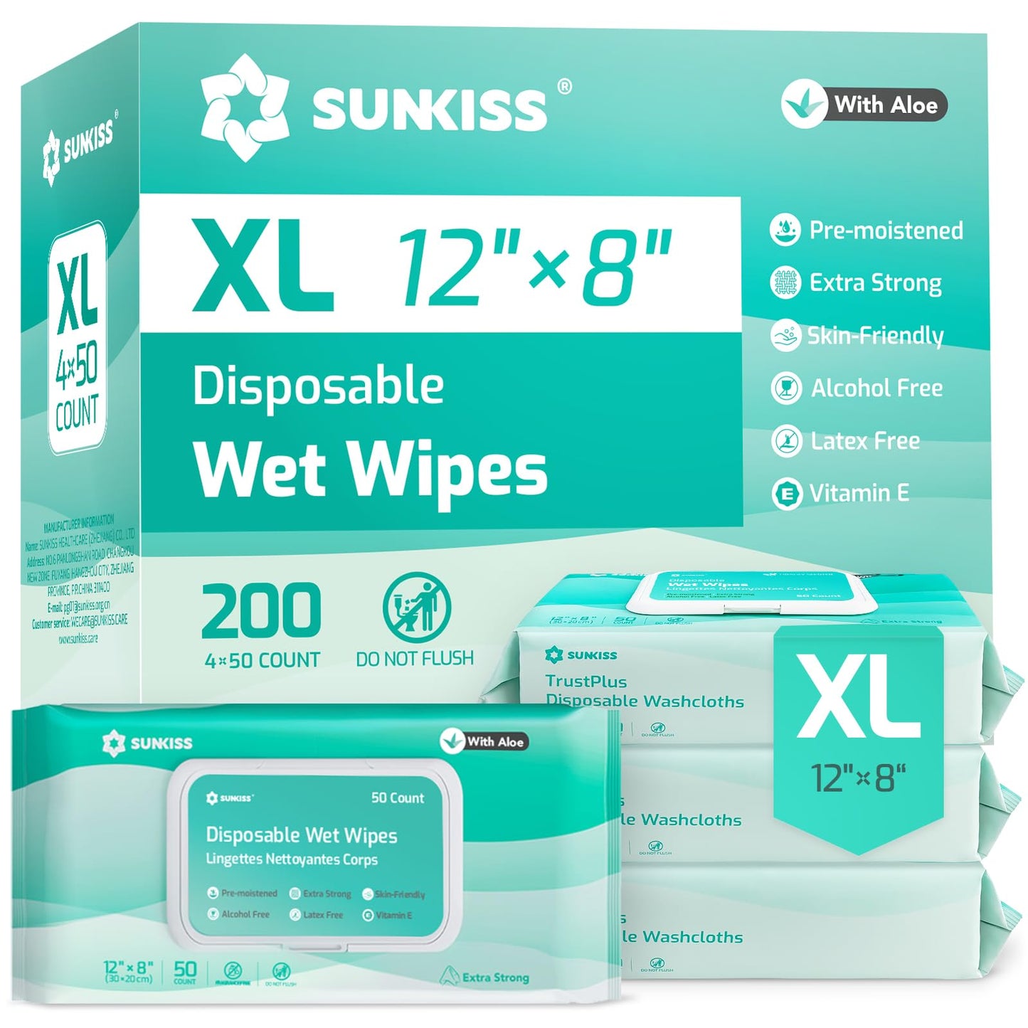 SUNKISS Trustplus Wet Wipes for Adult No Rinse, Extra Large 8”x12” Body Cleaning Washcloths for Elderly Incontinence & Cleansing, Unscented, 200 Count (4 Packs of 50)