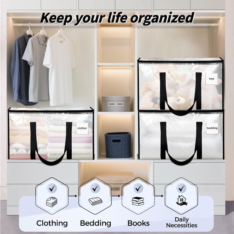 Extra Large Heavy Duty Moving Bags - 8 Pack Clear Storage Totes with Reinforced Handles & Zippers | Ideal for Clothes & College Supplies