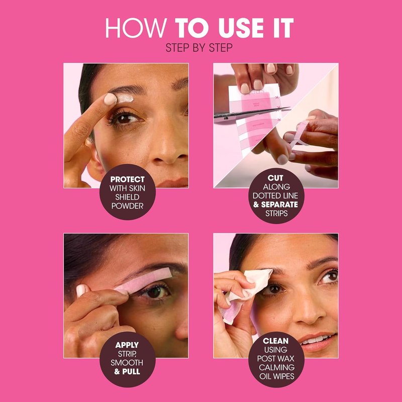 Nad's Eyebrow Wax Strips - Effective Facial Hair Removal Kit for Women | 6 Wax Strips, 6 Calming Wipes, 2g Powder