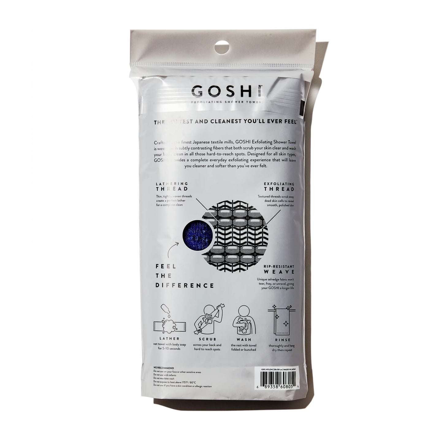 GOSHI Exfoliating Shower Towel - Long Body Scrubber for Back Acne, KP & Smooth Skin - Durable Rip-Resistant Weave, Quick-Dry Nylon Washcloth - Ethically Crafted in Gunma, Japan - Blue