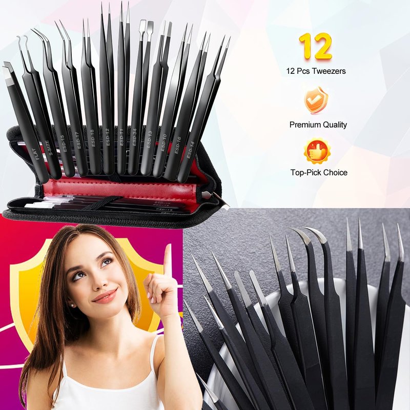 Antonki 12 Pack Precision Tweezers Set for Craft, Soldering, Jewelry, Facial Hair, Eyebrow, Ingrown Hair Removal, Eyelash Extension- with Case