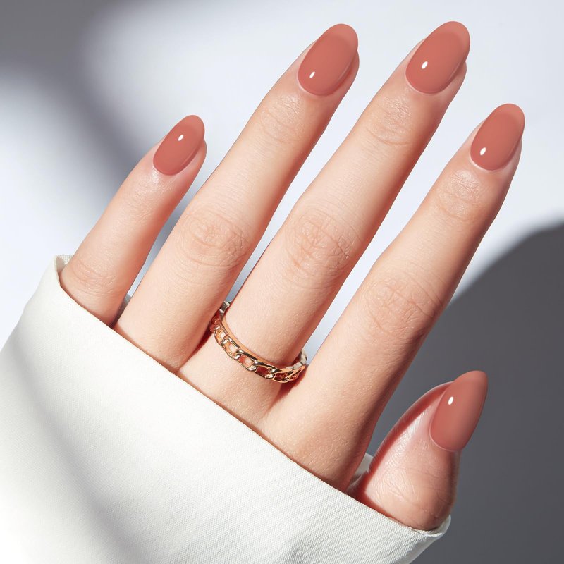 modelones Sheer Milk Tea Short Press on Nails, Semi-Transparent Oval Fake Nails Kit Press Ons with Nail Glue, Adhesive Tabs, Nail File, Prep Pad, Manicure Stick, 32Pcs 16 Sizes, Spring Women Girl Gift