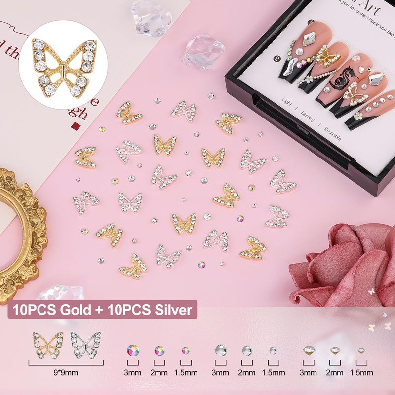 Skiennix 3D Nail Charms Set - 20PCS Chunky Butterflies & 75PCS Coquette Bows | Rhinestones & Pearls for Y2K Nail Art
