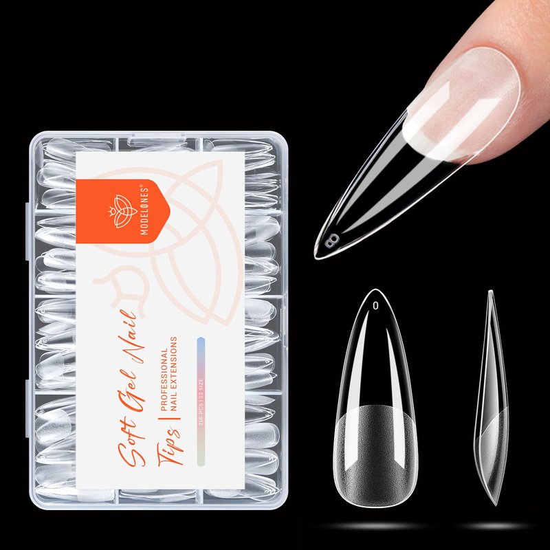 Modelones Long Stiletto Nail Tips - Pre-shaped Soft Gel Full Cover Fake Nails | 216PCS, 12 Sizes