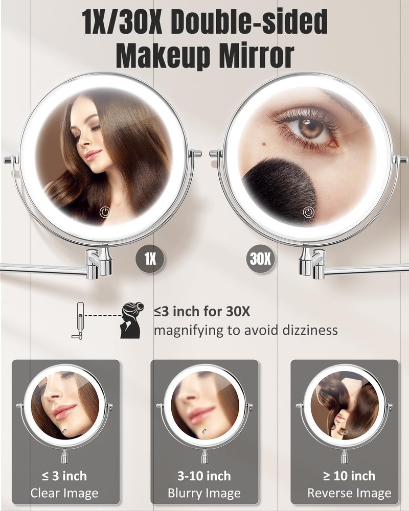 Skiennix 30X/1X Wall Mounted Makeup Mirror - 8'' Double-Sided, Rechargeable, Touch Dimmable, 360° Rotation