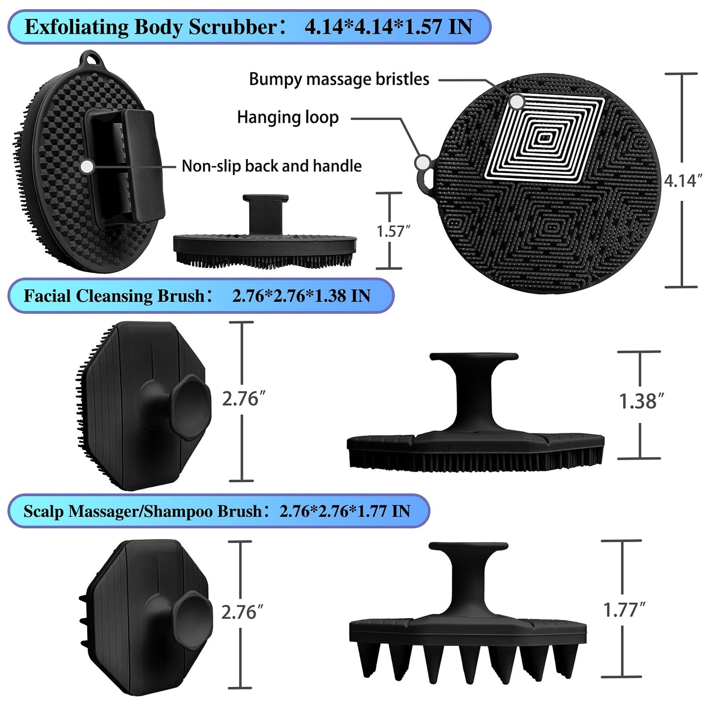3 Soft Silicone Scrubbers - Body Exfoliating Brush Skin Massage Shower Scrubber Body Buffer, with Super Soft Handheld Facial Cleansing Brush, with Hair Shampoo Brush Scalp Massager (Black)