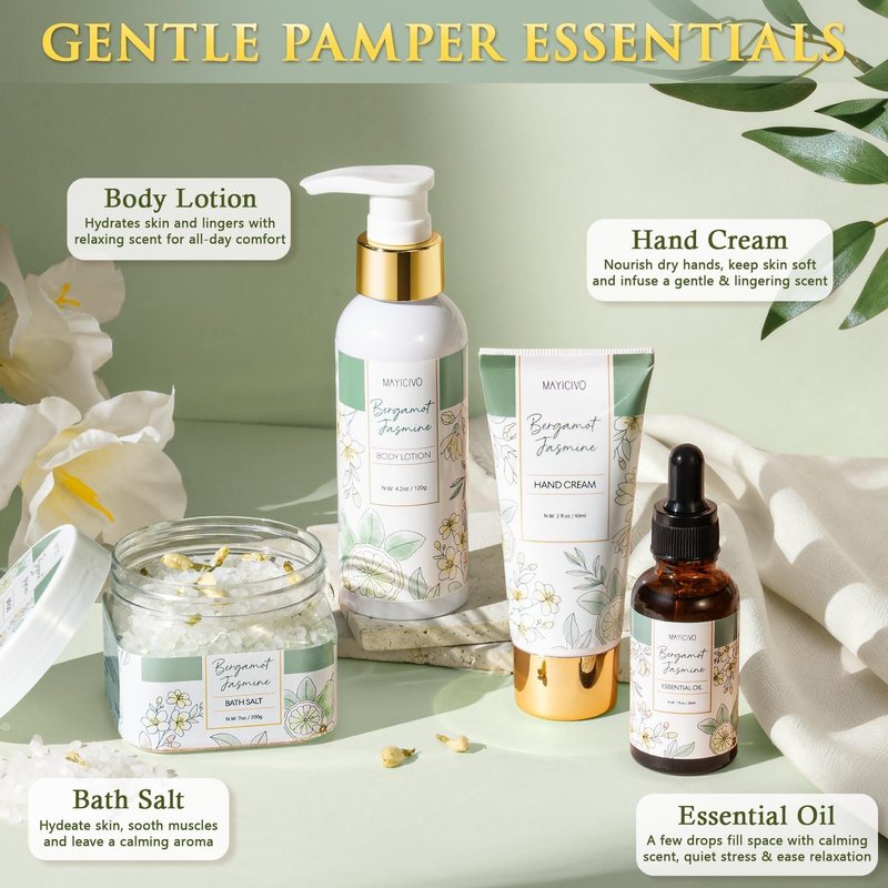 Mothers Day Birthday Gifts for Women, Bergamot Jasmine Relaxing Spa Gift Baskets for Women Self Care Package Bath Gift Set, Home Bath and Body Kit Pampering Gifts for Womens Her Mom Friend Sister Wife