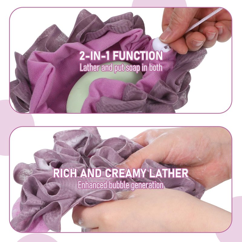 ElevateTech Soap Bar Loofah, 2 Pcs 2 in 1 Loofah Washcloth Combo Exfoliating Bath Sponges with Drawstring Bar Soap Saver Pouch Body Scrubber Mesh Shower Ball for Bathing Smoothing Skin (Purple, Brown)