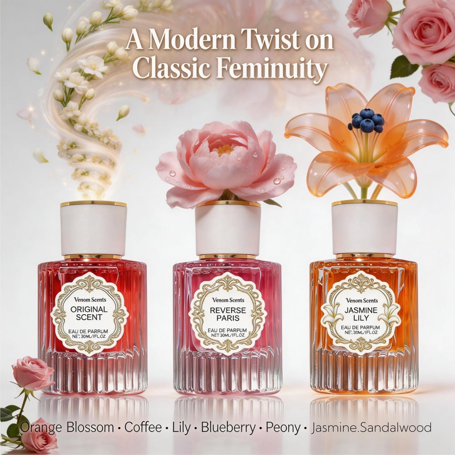 Venom Scents 3PCS Pheromones Perfume Collection for Women (30ml Each) - Jasmine, Lily & Peony Scent | Long-Lasting Floral Fragrance