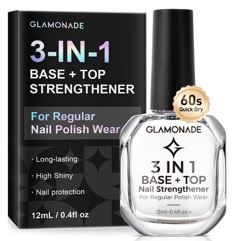 Glamonade 3-In-1 Clear Nail Polish: Quick Dry Top Coat Prevent Staining Base Coat & Nail Strengthener, High Gloss Long Lasting No Chip Shield, Nail Hardener for Weak Nails, DIY Manicure for Women 12ml