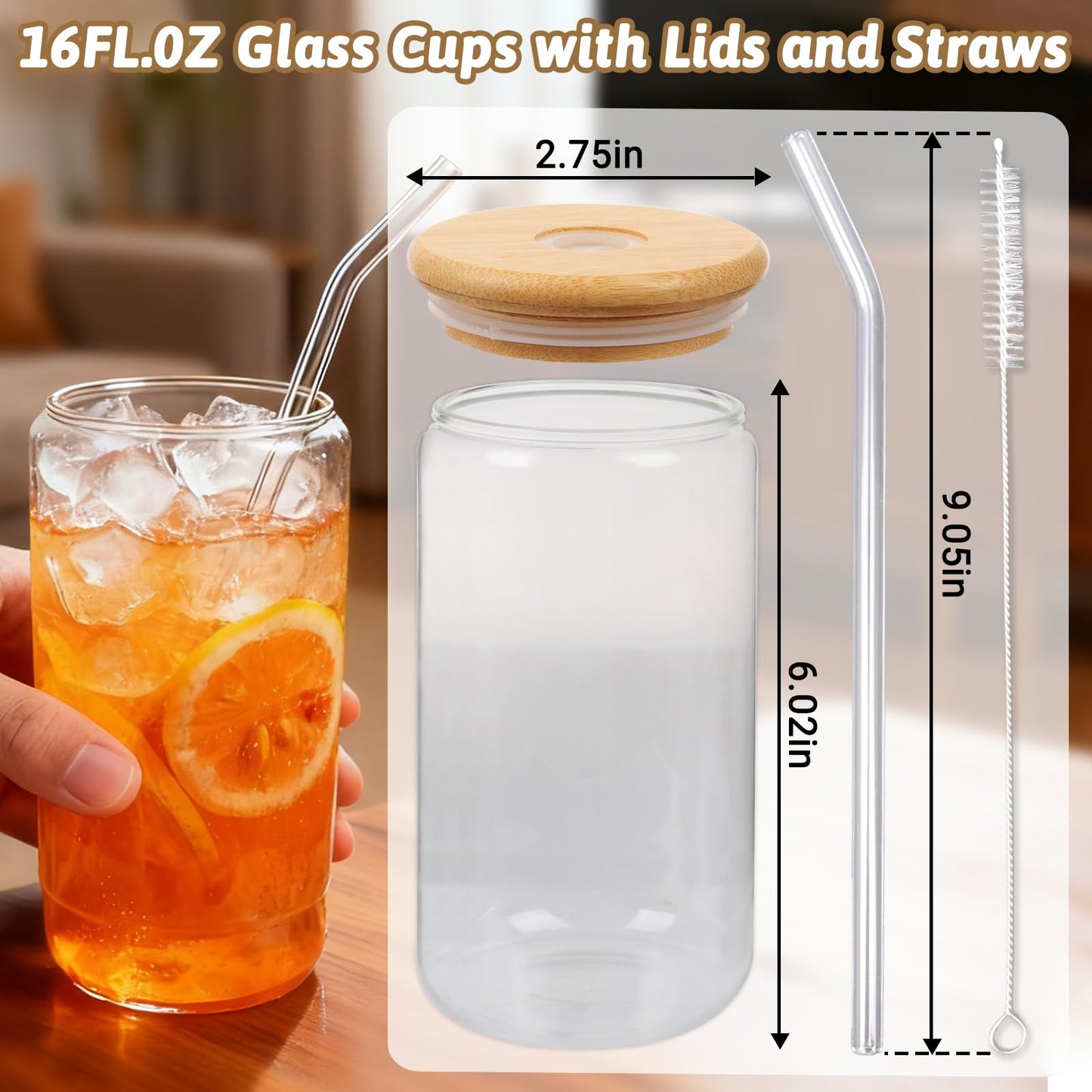 Alotpower Borosilicate Glass Cups with Lids and Straws, 16 oz Reusable Tumbler Set (4-Pack) Includes Bamboo Lids, Glass Straws & Brush for Iced Coffee, Bubble Tea, Cold Beer, Juice
