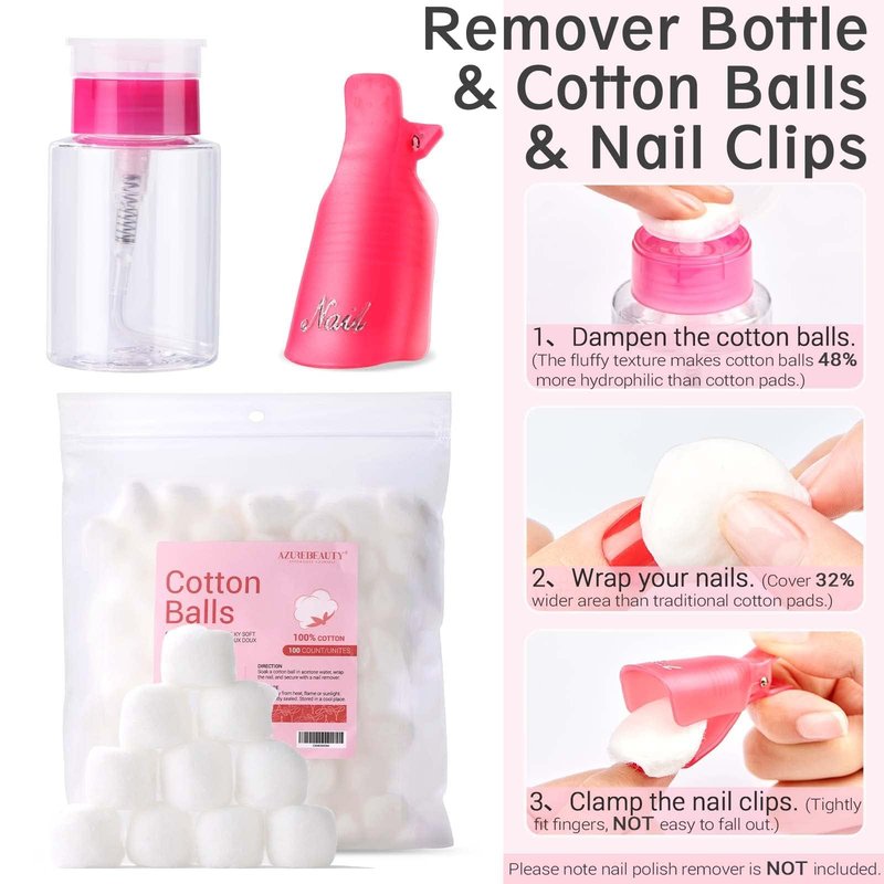 AZUREBEAUTY Nail Polish Gel Remover Tools Kit with Nail Clips, 150ml Remover Bottle, 10ml Cuticle Oil, 100 Nail Remover Cotton Balls, Cuticle Pusher Peeler Brush, 100/180 Nail File, Nail Art Tools Set